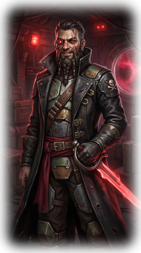 Portrait of Captain Blackwake, a bearded pirate with a glowing red cybernetic eye