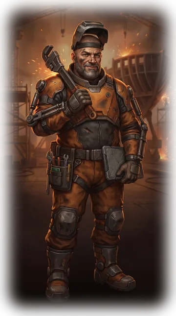 Portrait of Foreman Jax in an orange work suit holding a wrench